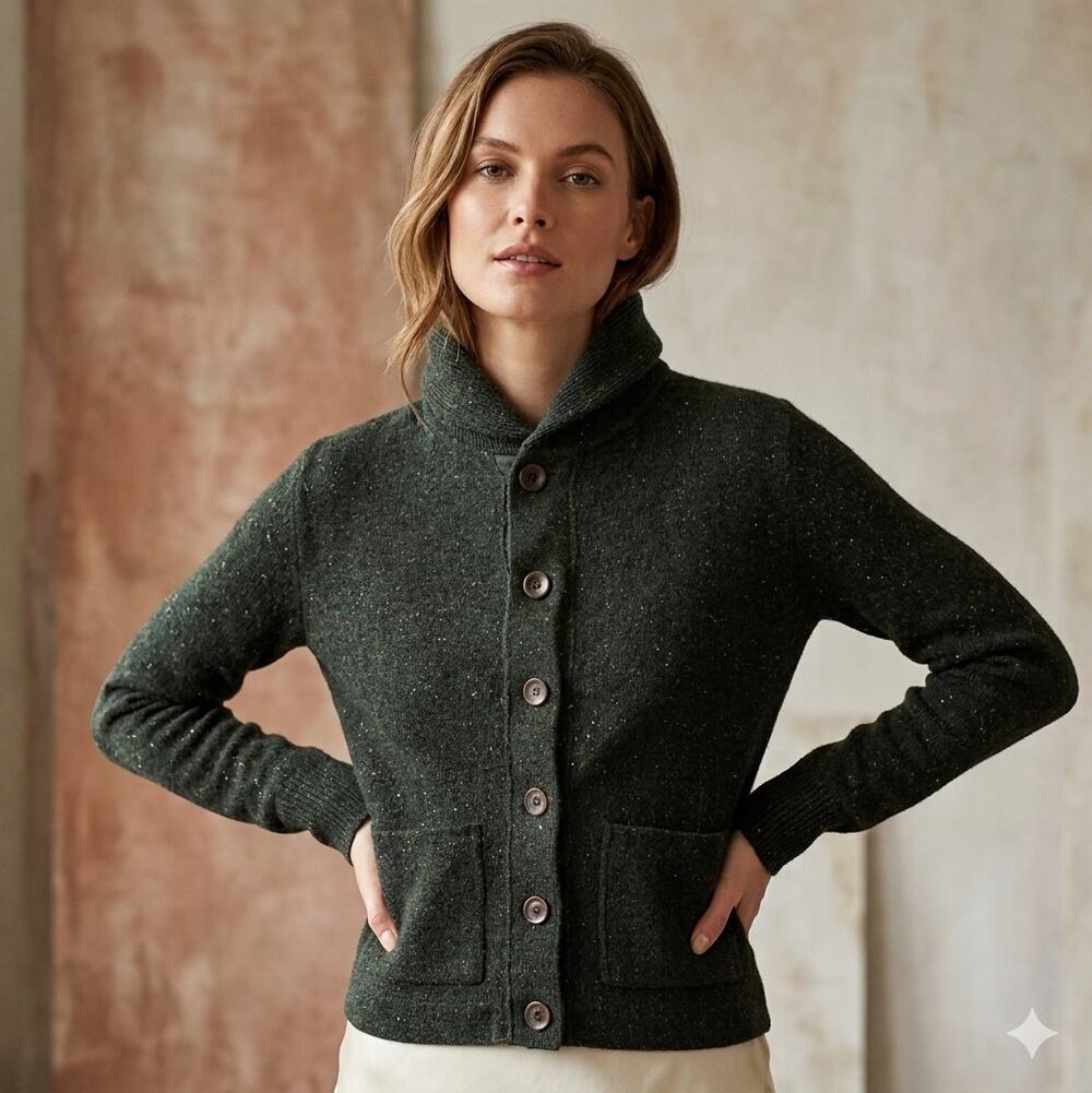 VTG Ralph Lauren Green Speckled Wool Silk Knit Button Cardigan Sweater Small S